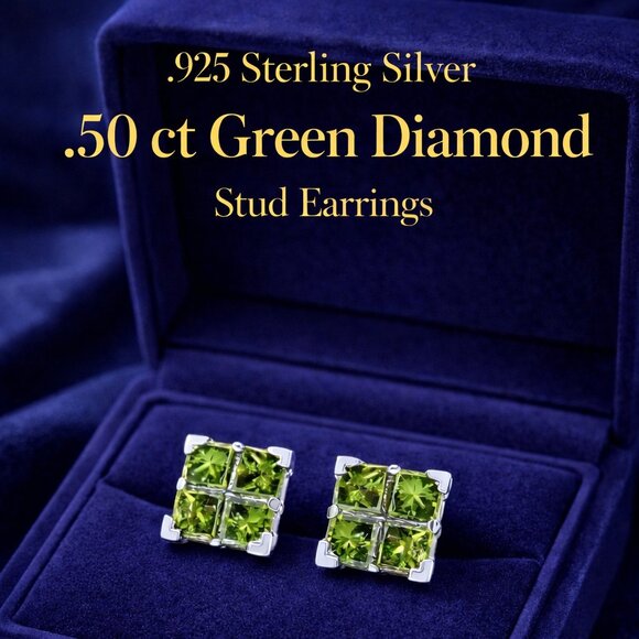 Green Diamond Earrings .50 Ct, Set in .925 Sterling Silver  .50ct Green Diamond Earrings Set In .925 Sterling Silver, Stud Earrings
